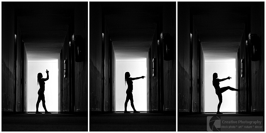 Serie of three photograph on which the silhouette of beautiful police woman want to break the door