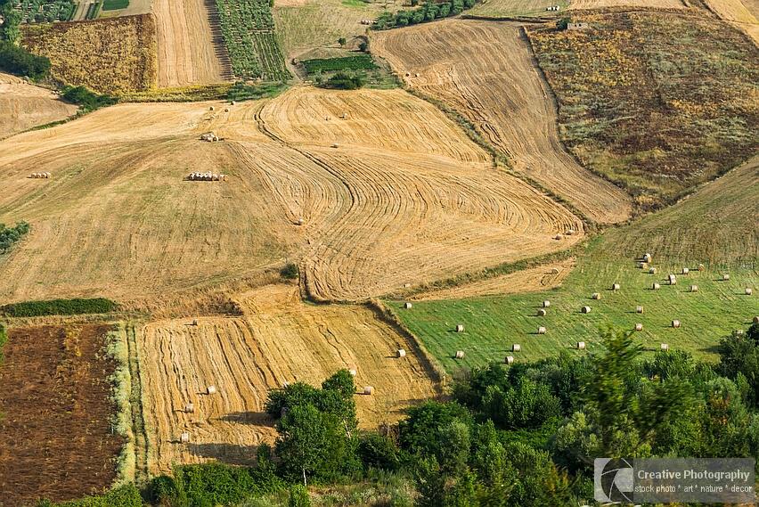Summer landscape of fields with bales in Italy