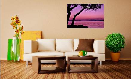 Decorative photo with tree silhouette at sunset hanging on the wall